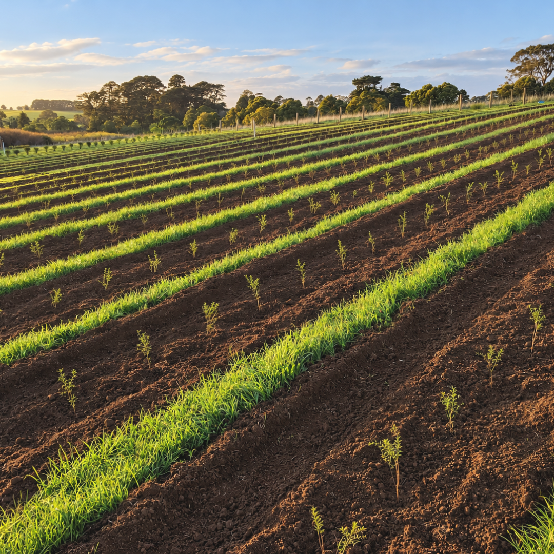 Rows of boronia plants growing on a farm in Australia