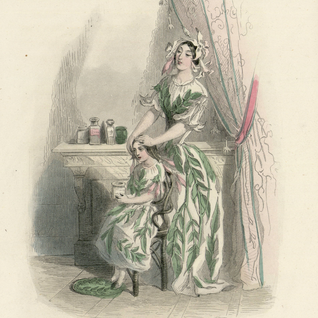 Vintage engraving of a woman holding jasmine flowers
